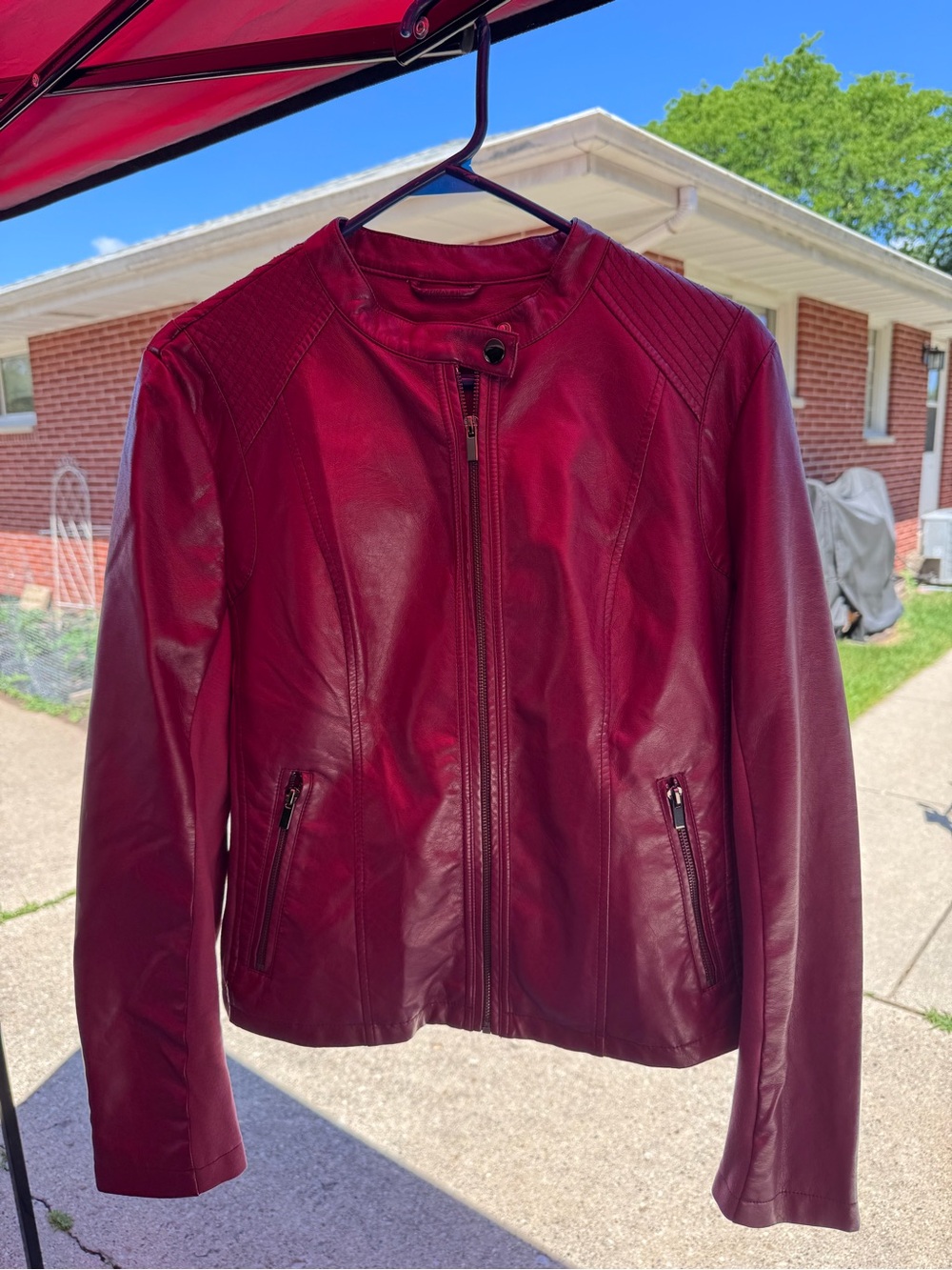 New York & Company Women's Wine Red Leather-like Moto Jacket